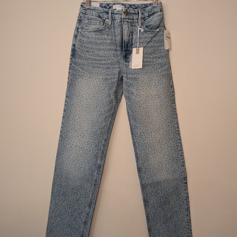 Good American Size 2 Good Icon Straight Crystal Jeans
